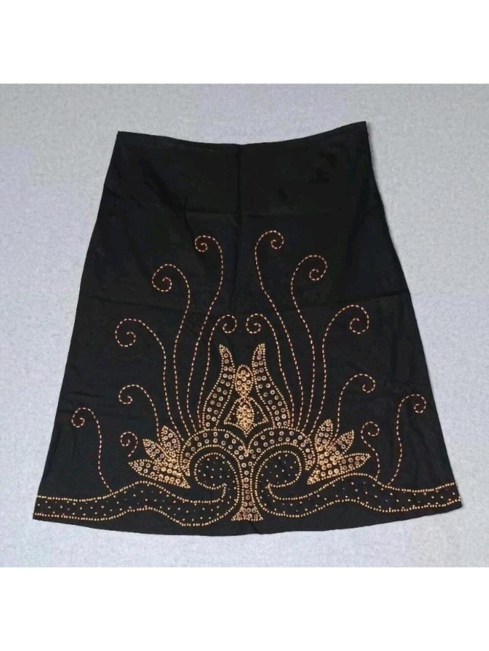 Willi Smith Beaded Midi Skirt Womens Size 12 Black Linen Blend Wooden Beads